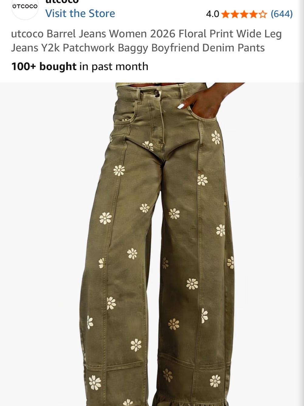 Olive Floral Patchwork Wide Leg Jeans - Women